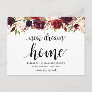 New dream home, burgundy floral, Announcement Postcard