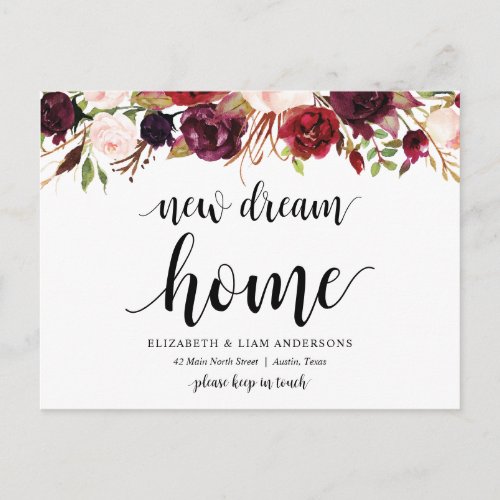 New dream home burgundy floral Announcement Postcard
