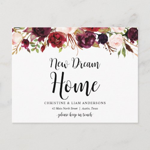 New dream home burgundy floral Announcement Postcard