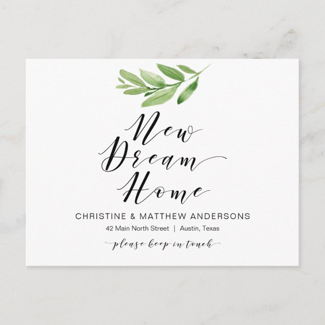 New Dream Home, Greenery, Moving Announcement Postcard (Front)