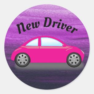 New Driver Pink Car on Violet Watercolor Sticker