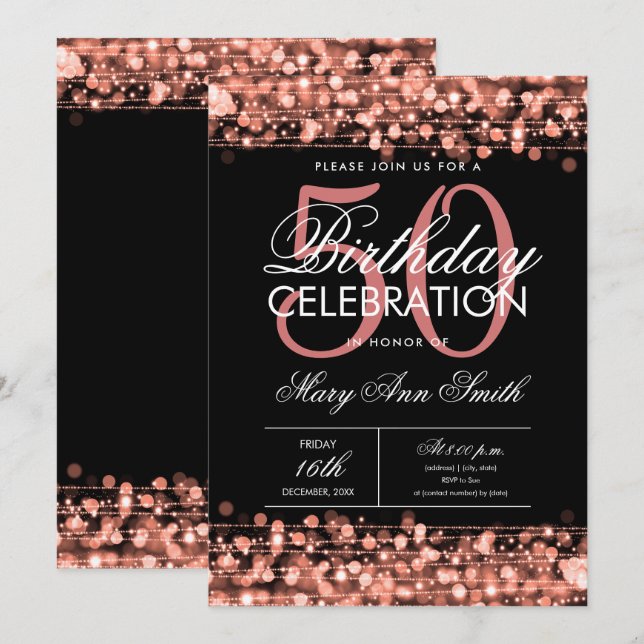 New! Elegant 50th Birthday Party Sparkle Rose Gold Invitation (Front/Back)