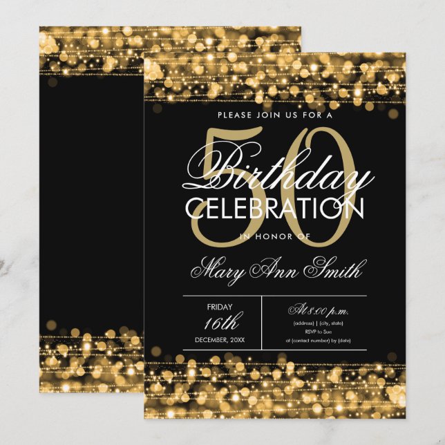 New! Elegant 50th Birthday Party Sparkles Gold  Invitation (Front/Back)