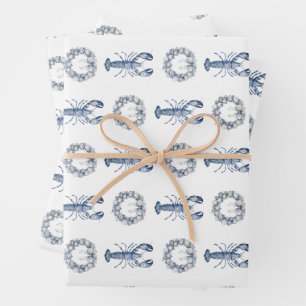 New England Blue Lobster + Oyster Shell Wreath Wrapping Paper Sheets