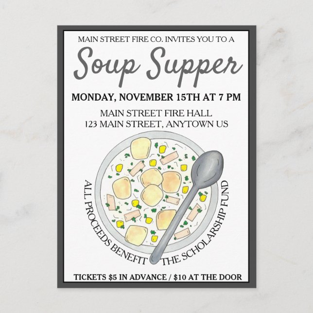 New England Clam Chowder Bowl Soup Cookoff Supper Invitation Postcard (Front)