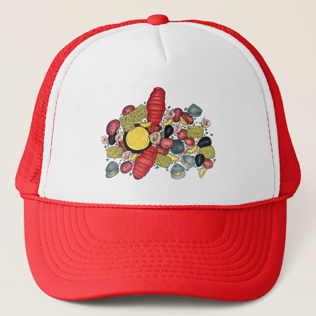 New England Clams Lobster Clambake Seafood Dinner Trucker Hat (Front)