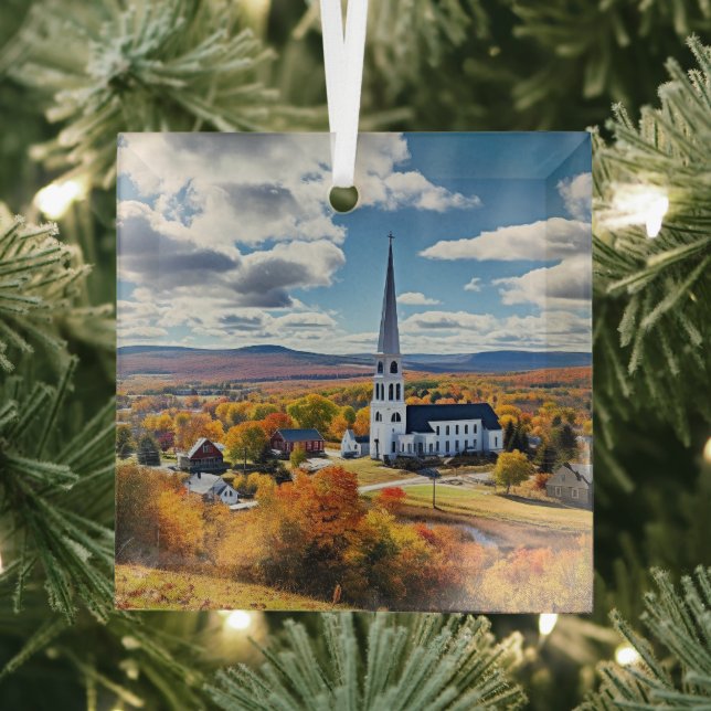 New England Landscape in Fall Glass Ornament (Insitu)