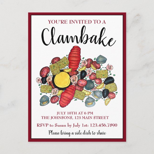 New England Lobster Boil Clambake Seafood Dinner Invitation Postcard (Front)