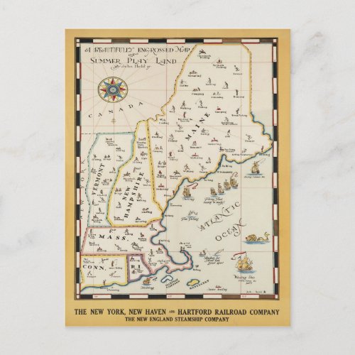 New England Map Travel Poster Postcard