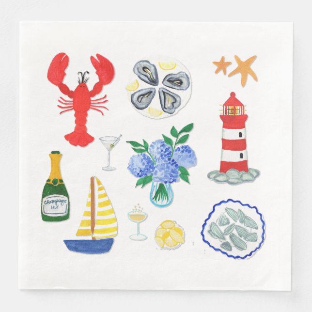 New England Seafood Nantucket Themed Paper Dinner Napkins (Front)