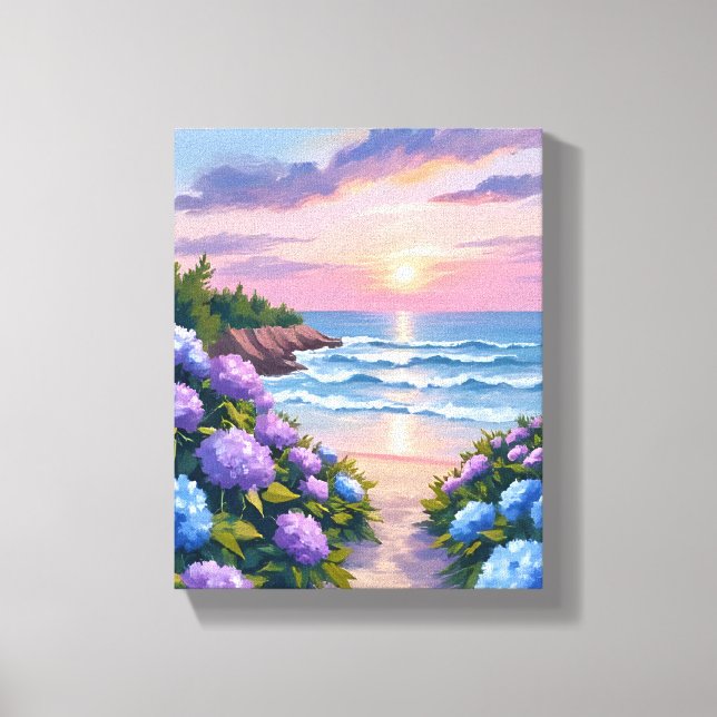 New England Summer | Hydrangea Beach Painting Canvas Print (Front)