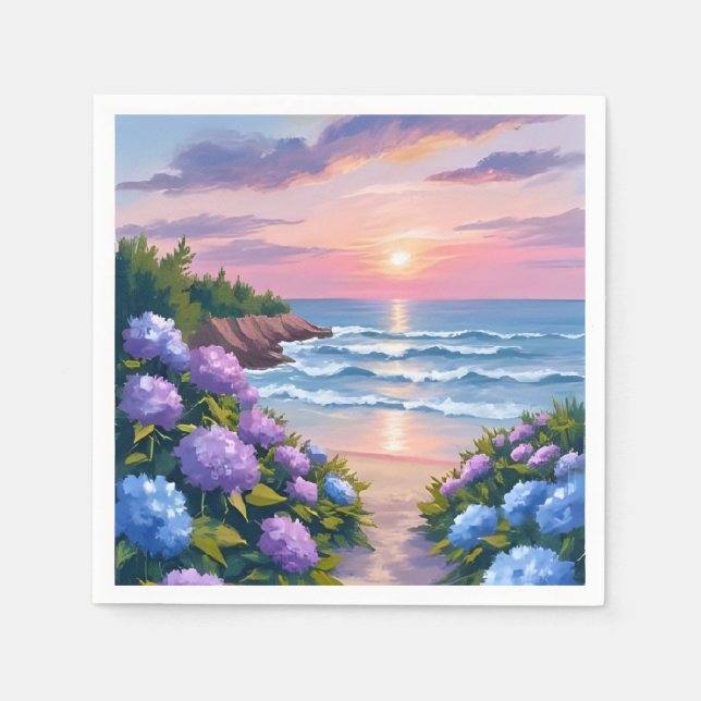 New England Summer | Hydrangea Beach Painting Napkins (Front)