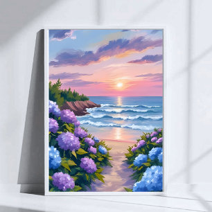New England Summer   Hydrangea Beach Painting Poster