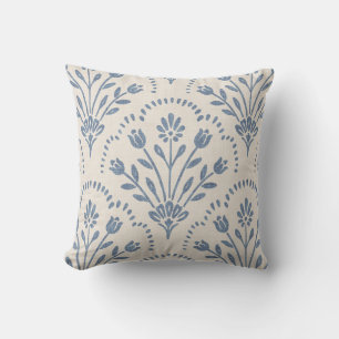 New Farmhouse Blue Floral Scallop Pattern Throw Pillow