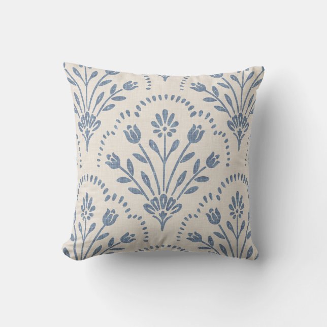 New Farmhouse Blue Floral Scallop Pattern Throw Pillow (Front)