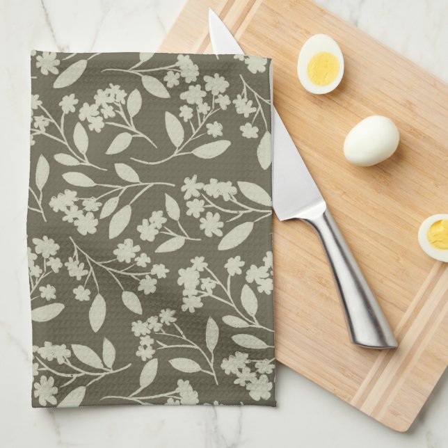 New Farmhouse Floral in Sage Green Hand Drawn Kitchen Towel (Quarter Fold)