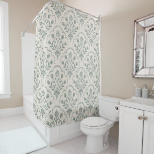 New Farmhouse Sage Green Floral Scallop Pattern Shower Curtain