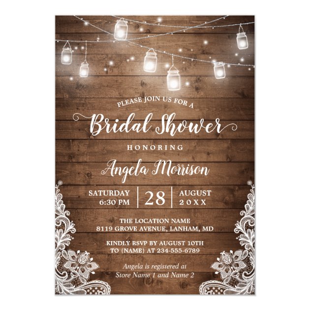 (New Font) Mason Jars Lights Rustic Bridal Shower Invitation