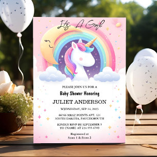 New Glow Space Royal Pony Unicorn Baby Girl Shower Invitation