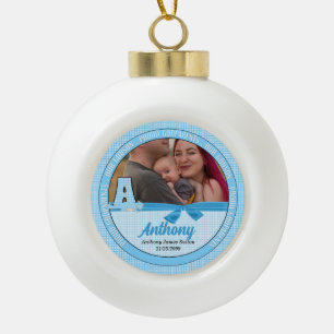New Godparents Blue Gingham Baby Monogram A Ceramic Ball Christmas Ornament
