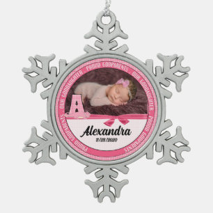 New Godparents Monogram A Pink Baby Photo Snowflake Pewter Christmas Ornament