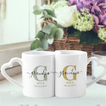 New Grandma and Grandpa Monogram Green and Ochre Coffee Mug Set<br><div class="desc">Family monogram mug set for new grandma and grandpa (or established grandparents) which you can personalize with the date they became first time grandparents. This design has elegant handwritten script, modern typography and a subtle color palette of silver green, ochre yellow, black and white. One mug has a monogram initial...</div>