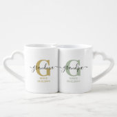New Grandma and Grandpa Monogram Green and Ochre Coffee Mug Set (Back Nesting)