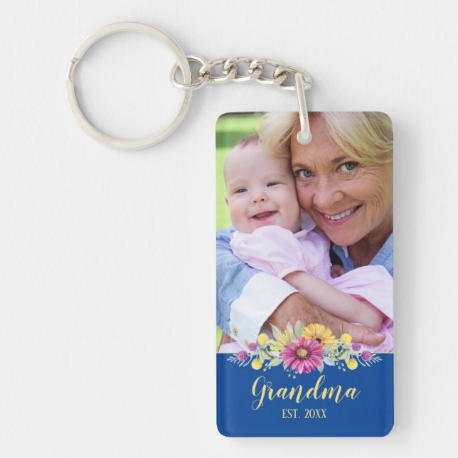 New Grandma Elegant Flowers Blue | Photo Keychain (Front)