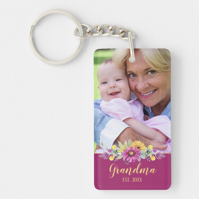 New Grandma Elegant Flowers Burgundy | Photo Keychain (Front)