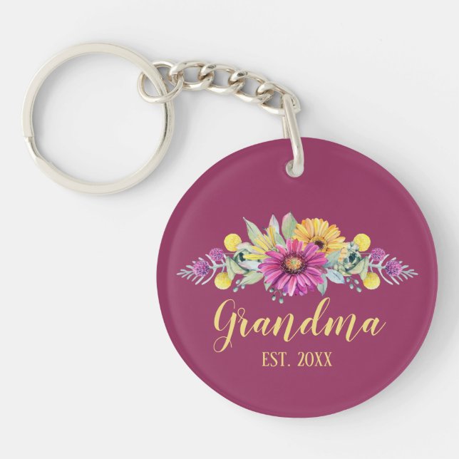New Grandma Elegant Flowers Burgundy | Photo Keychain (Front)