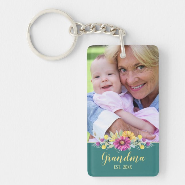 New Grandma Elegant Flowers Turquoise Teal | Photo Keychain (Front)