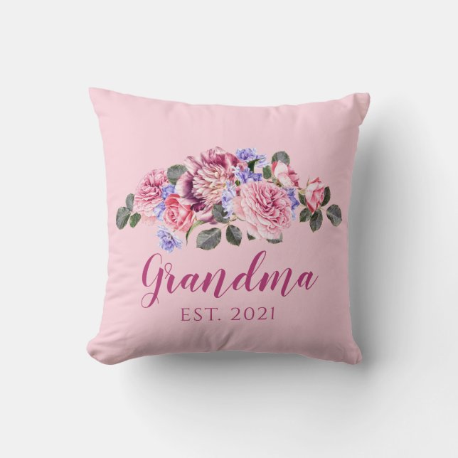 New Grandma Elegant Pink Floral Rose Peony Throw Pillow (Front)