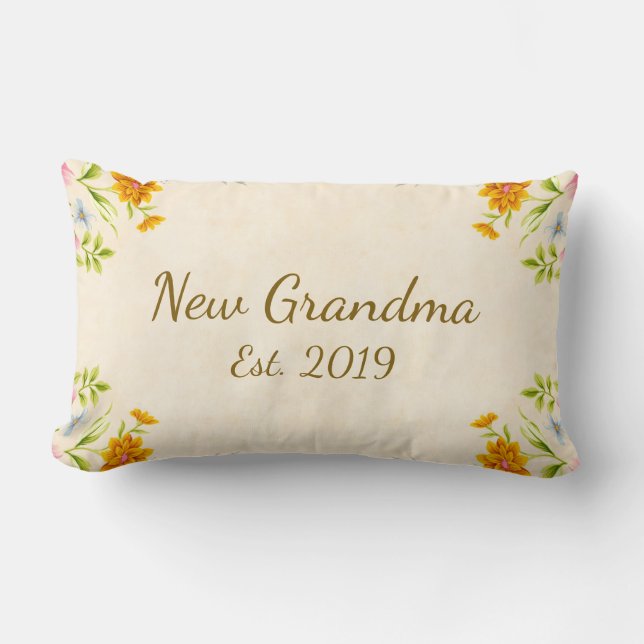 New Grandma Est. 2019 New Grandmother Floral Lumbar Pillow (Front)