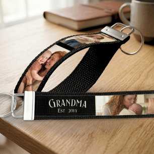 New Grandma Est. Year Custom Name 3 Photo Wrist Keychain