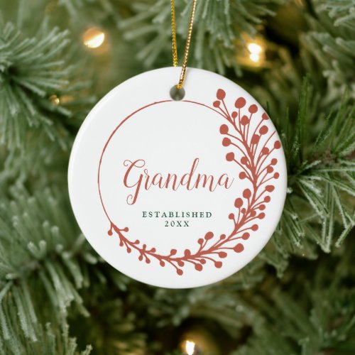 New Grandma Established Personalized Fern Wreath Ceramic Ornament