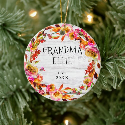 New Grandma Floral Watercolor Wreath Personalized Ceramic Ornament
