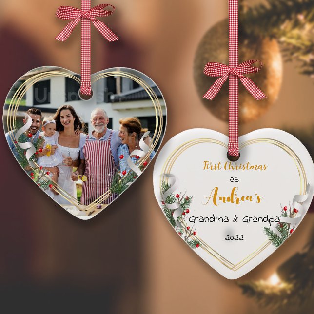 New Grandma Grandpa Holly & Pine Gold Frame Photo  Ceramic Ornament (Creator Uploaded)