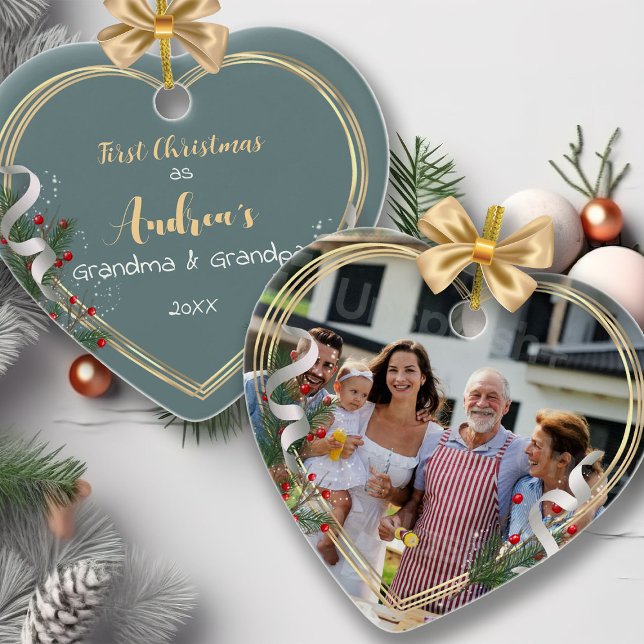 New Grandma Grandpa Holly & Pine Gold Frame Photo  Ceramic Ornament (Creator Uploaded)