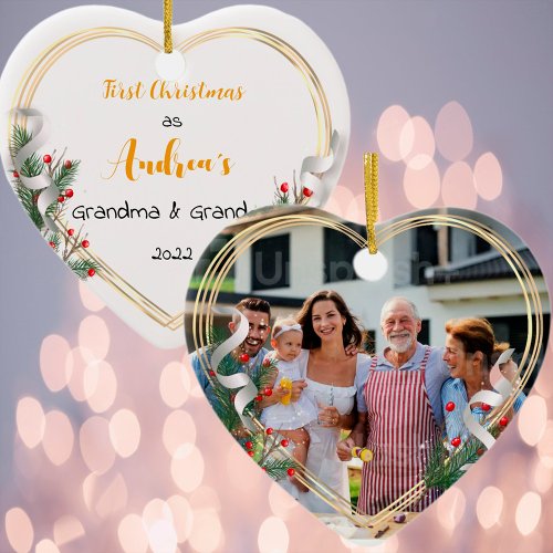 New Grandma Grandpa Holly  Pine Gold Frame Photo  Ceramic Ornament