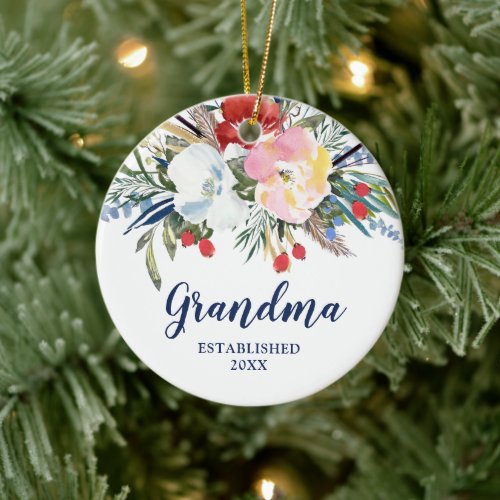 New Grandma Personalized Country Watercolor Floral Ceramic Ornament