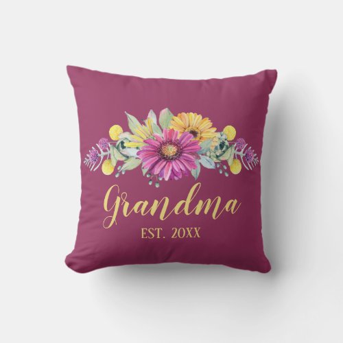 New Grandma Rustic Floral Throw Pillow