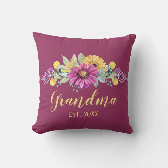 New Grandma Rustic Floral Throw Pillow (Front)