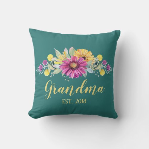 New Grandma Rustic Teal Floral Throw Pillow