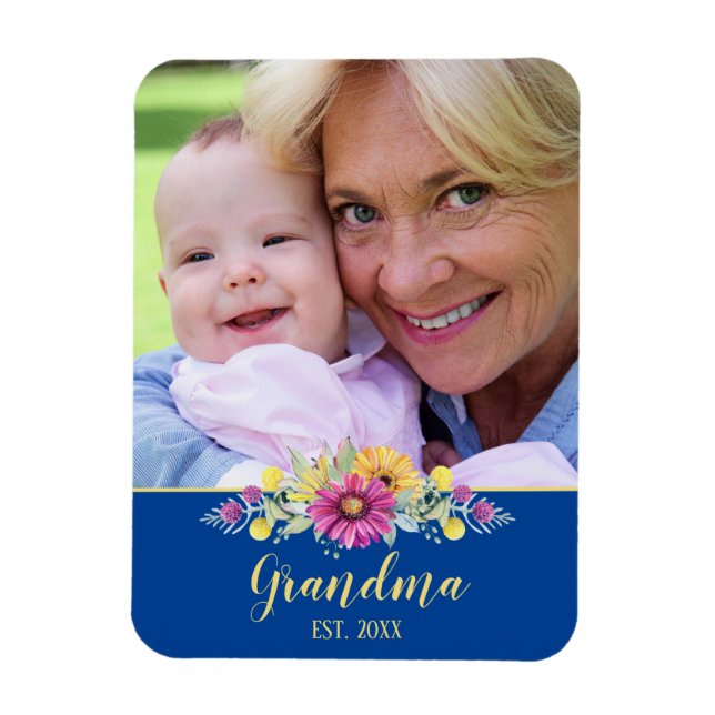 New Grandma Vibrant Flowers on Bright Blue | Photo Magnet (Vertical)