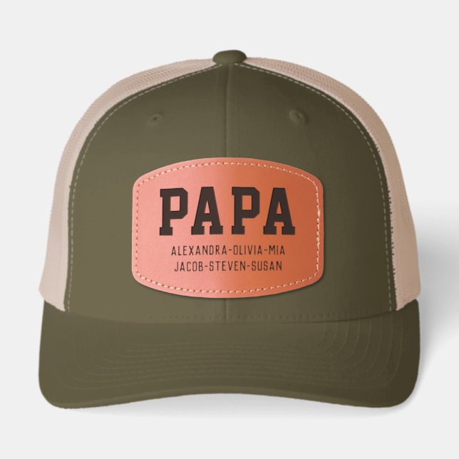 New Grandpa Papa Grandchildren Names Birthday Gift Leather Patch Hat (Front)