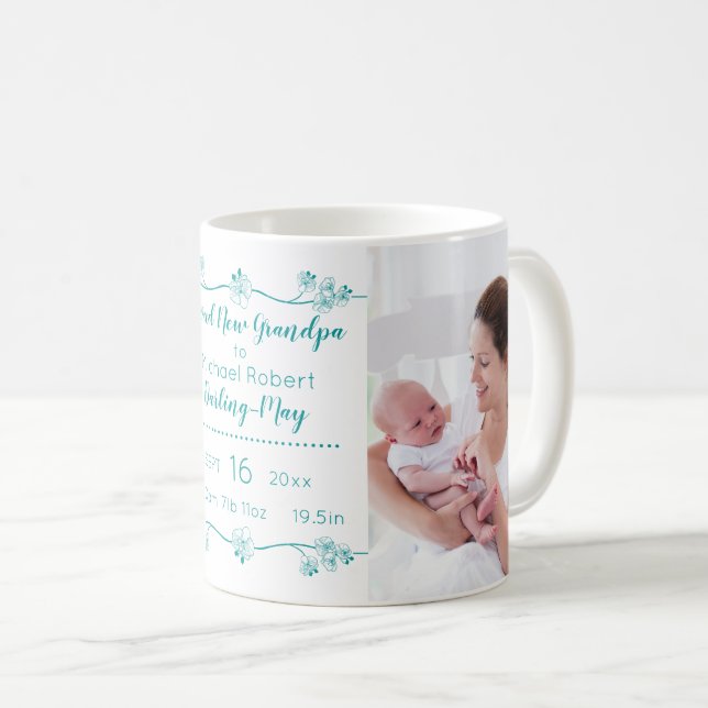 New Grandpa Photos & Birth Stats - Green & White Coffee Mug (Front Right)
