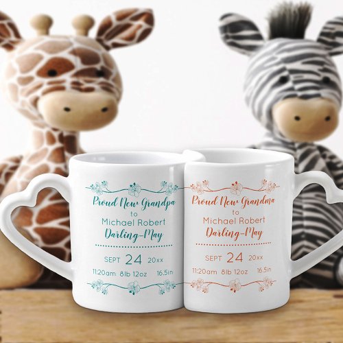New Grandparents _ Green  Orange _ Birth Stats Coffee Mug Set