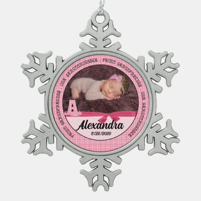 New Grandparents of Baby Girl Monogoram A Snowflake Pewter Christmas Ornament (Front)
