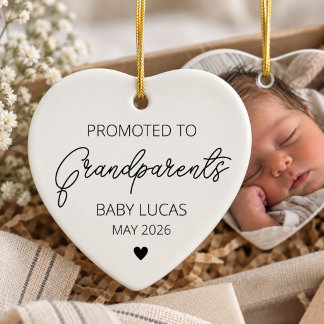 New Grandparents White Script Baby Photo Keepsake Ceramic Ornament