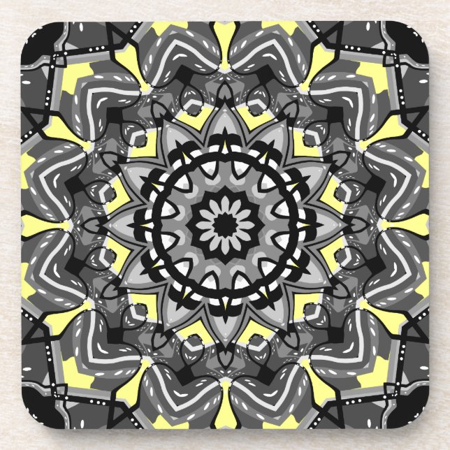 New Gray and Yellow Plaid Kaleidoscope Beverage Coaster (Front)